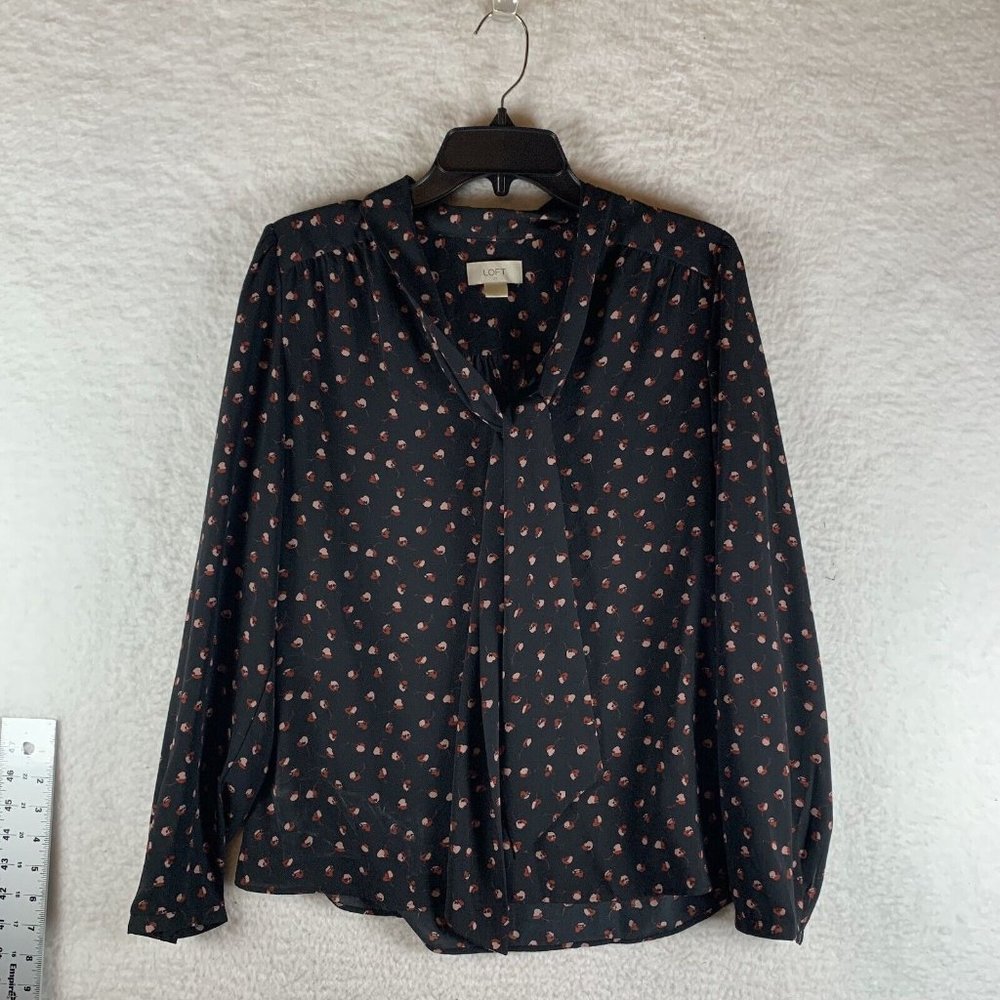 Ann Taylor LOFT Blouse Top Women Black Small Floral Tie Neck Long Sleeve‎ 8026